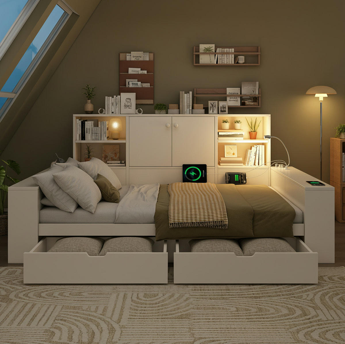 STAURAUMBETT 140/200 cm werkstoff mit USB-/USB-C-Anschlüssen, Leselicht und Schubladen, Weiß - Weiß, Holzwerkstoff (140/200cm) - Redom