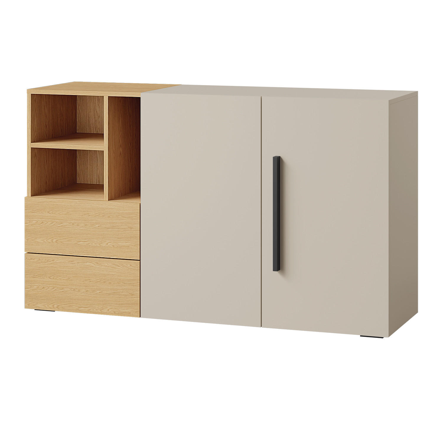 KOMMODE Largo mit 2 Türen, 2 Schubladen und offenen Fächern, 135 cm, für Jugendzimmer, Kaschmir/Frühlings-Eiche - Kaschmir/Eichefarben, Holzwerkstoff (135/80/40cm) - Beautysofa