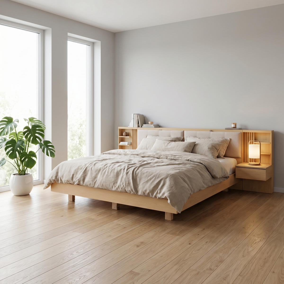 BETT 180/200 cm in Natur mit Stauraum, USB und Steckdose - Naturfarben, Holz/Holzwerkstoff (180/200cm) - WISHDOR