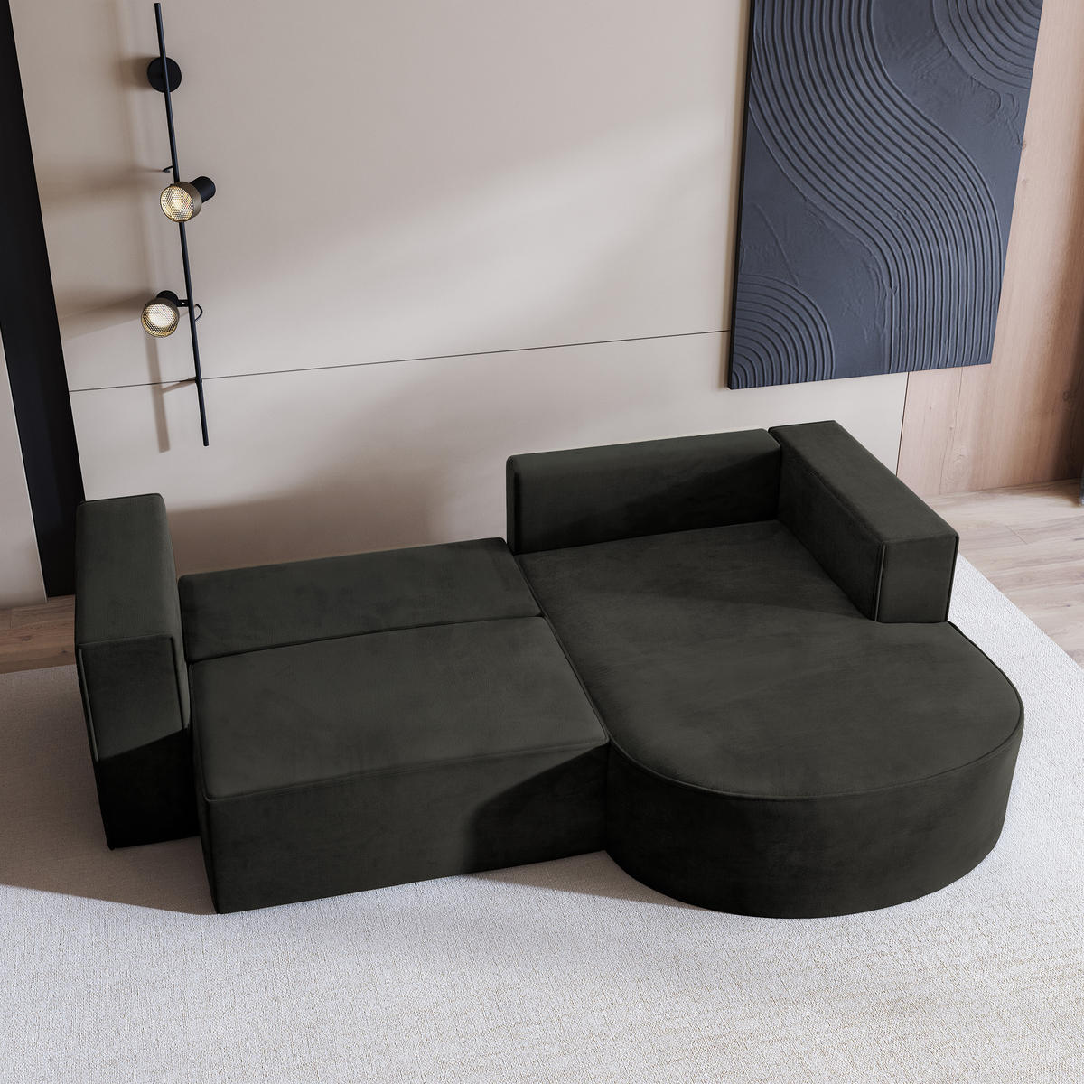 ECKSOFA SORELA M R-S Schwarz Velours-Stoff mit Schlaffunktion - Schwarz, Holz (263/174cm) - MASSENO