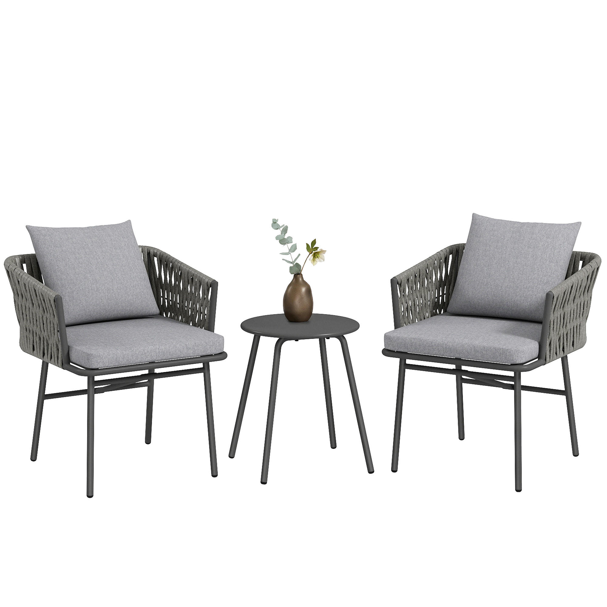 BISTRO-SET DE-06735 3-teilig, 2 Stühle & Tisch, mit 4 Kissen Grau - Grau, Kunststoff/Metall - ComfortXL