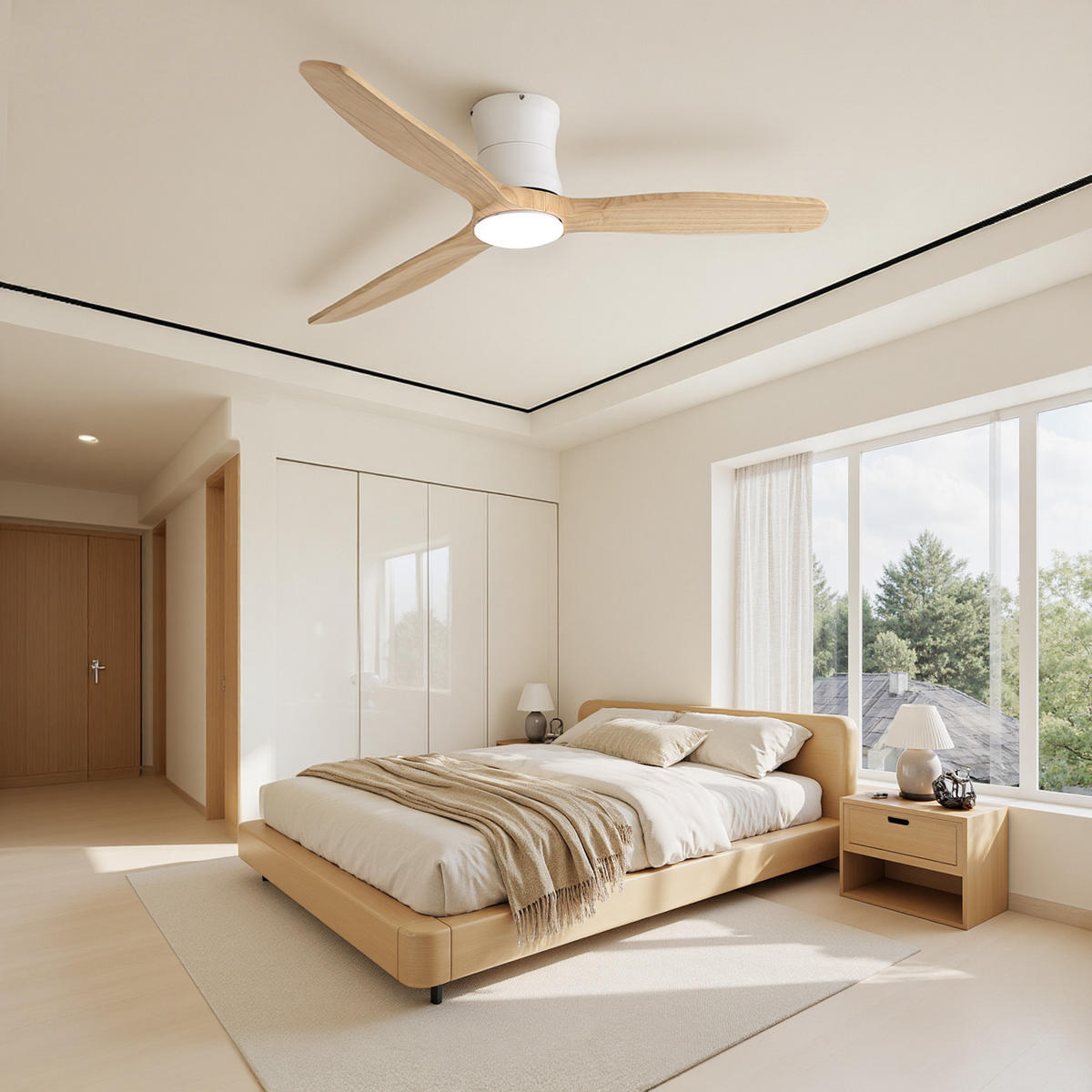 DECKENVENTILATOR 132cm Flachbau LED Licht Holzflügel DC Motor - Weiß, Kunststoff (132/132/24cm) - CASIVA