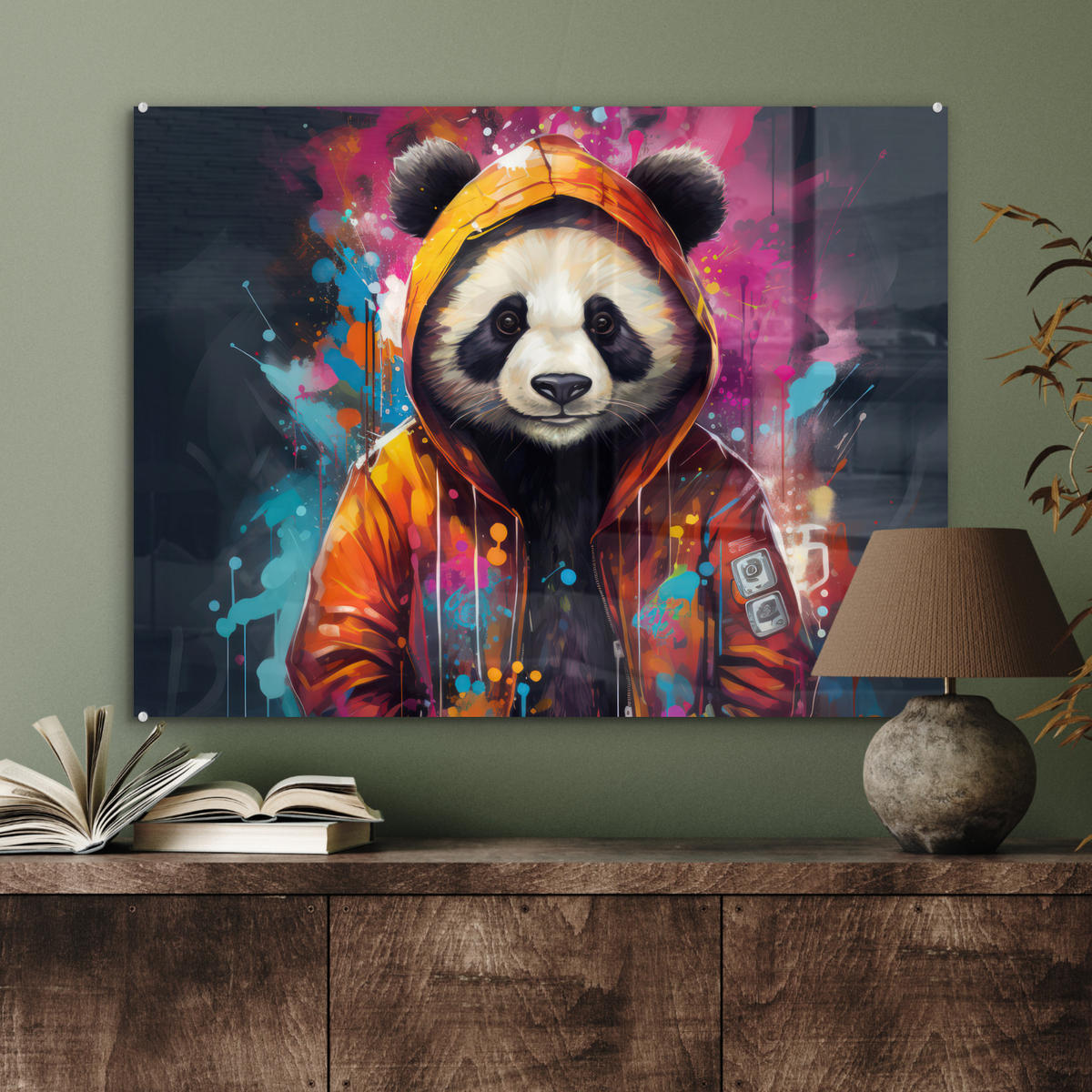 ACRYLGLASBILD Panda - Jacke - Graffiti - Orange 80x60 cm - Orange, Glas (80/60cm) - MuchoWow