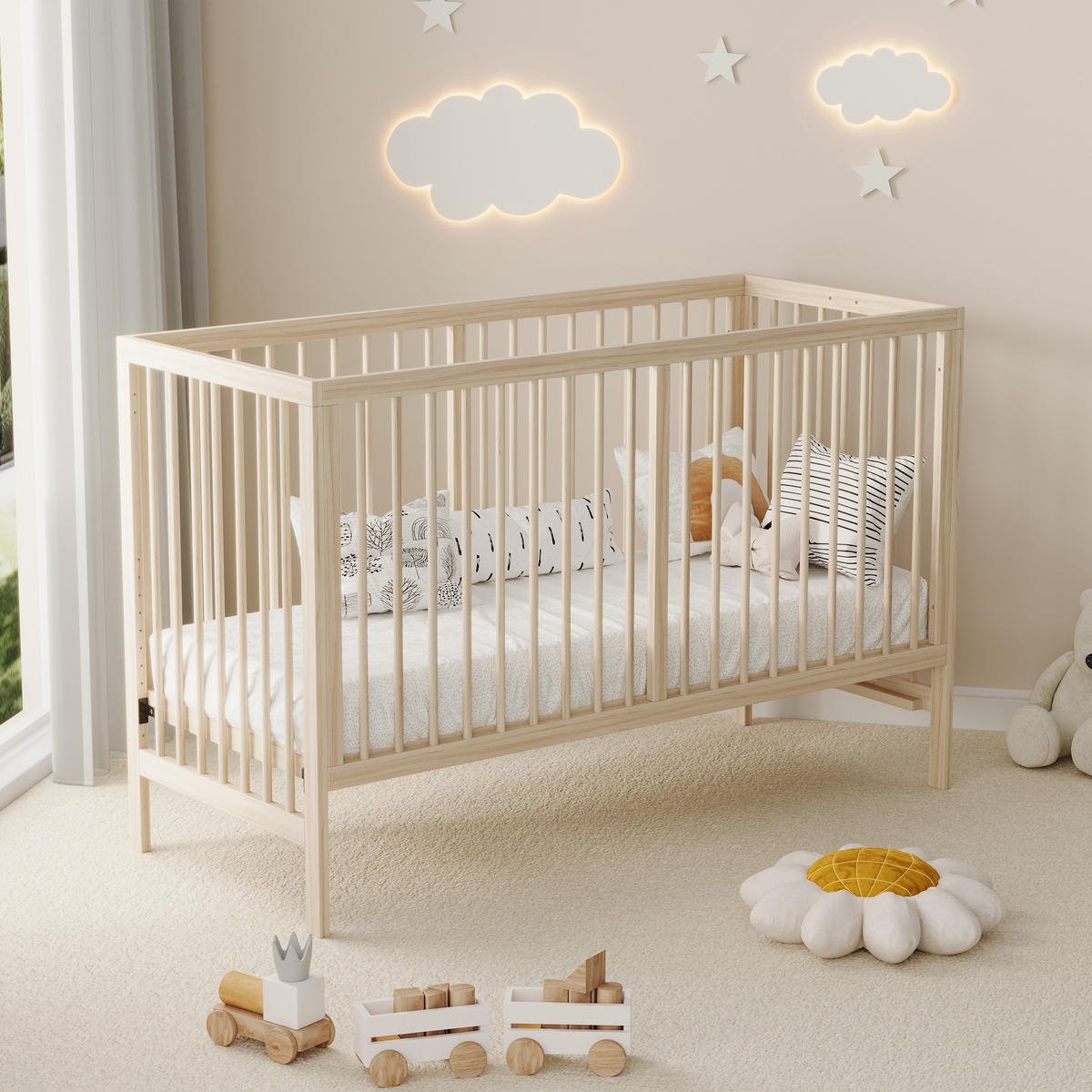 BABYBETT 140x60x90 cm multifunktional - Naturfarben, Holz (140/200cm) - LEBENLANG