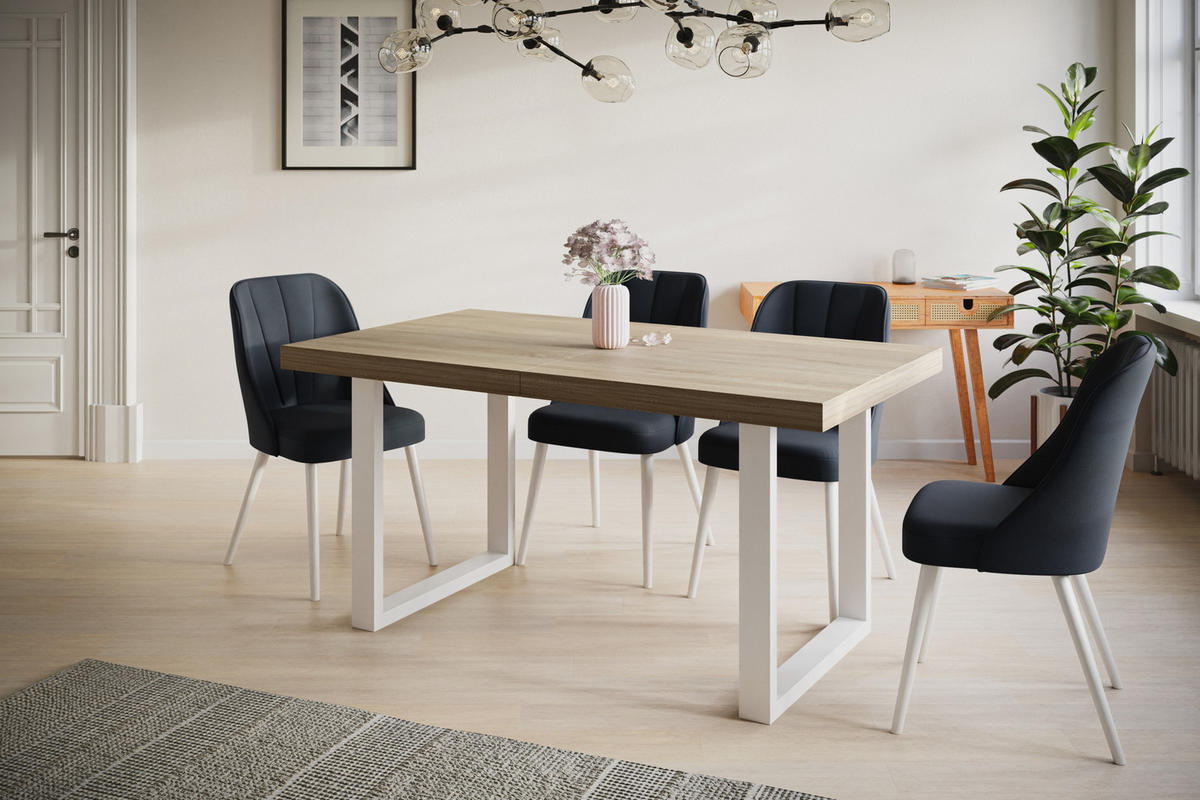 ESSZIMMERTISCH LOFT-U, ausziehbarer Tisch 120-220X80X77 cm, Farbe: SONOMA, mit Metallbeinen in Farbe Weiß - Weiß/Sonoma Eiche, Holzwerkstoff (120/80/77cm) - Alpi-Möbel