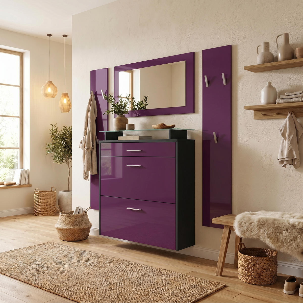 GARDEROBE Malea Front in Brombeer Hochglanz - Brombeere, Holzwerkstoff (180/180/23cm) - Vladon