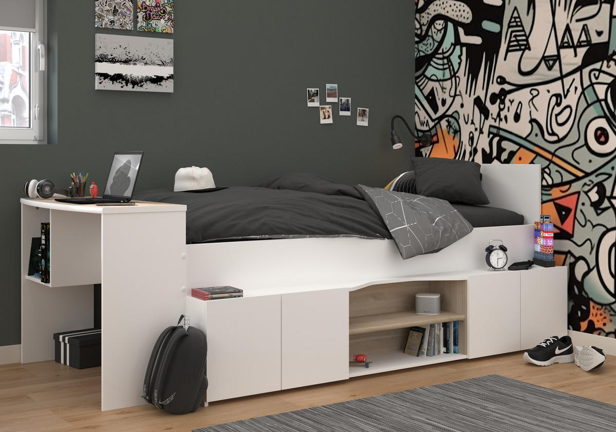 HOCHBETT Cleo 1 in Weiß und Jackson Eiche 90 x 200 cm - Weiß, Holz/Holzwerkstoff (90/200cm) - Vente-Unique