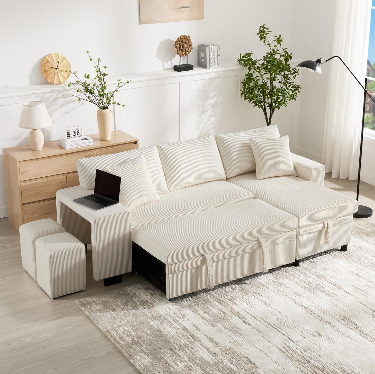 ECKSCHLAFSOFA Cord mit Stauraum und USB-Anschluss Beige 231/131,5/84 cm - Beige, Textil (84/131.5cm) - Redom