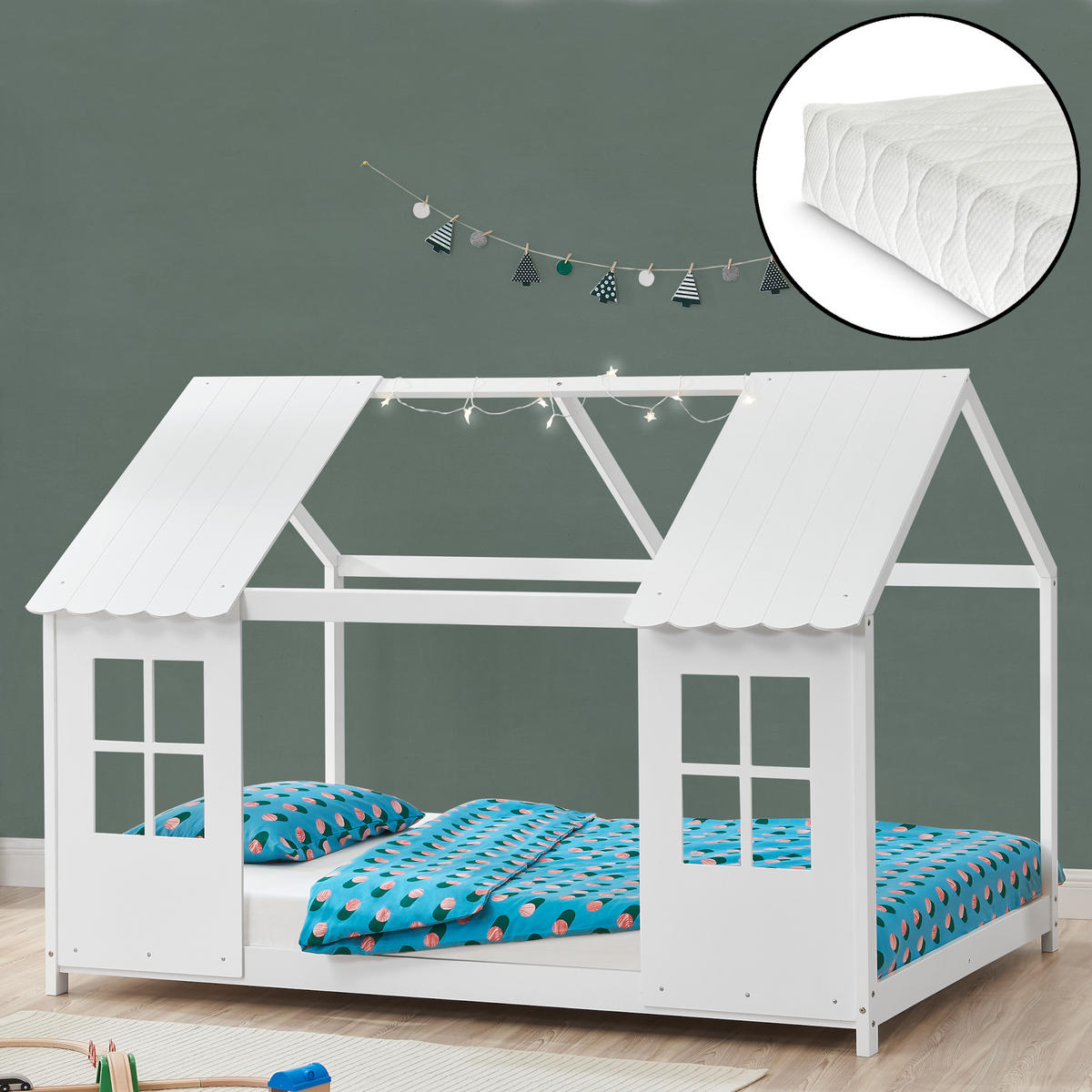 HAUSBETT Tostedt mit Matratze - Weiß, Holz/Textil (120/200cm) - [en.casa]