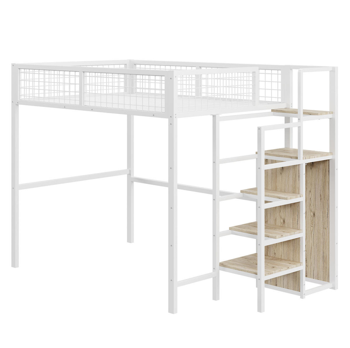 HOCHBETT aus Metall und MDF 140x200 cm Weiß mit Leiter und Kleiderschrank - Weiß, Metall (140/200cm) - IVMEU