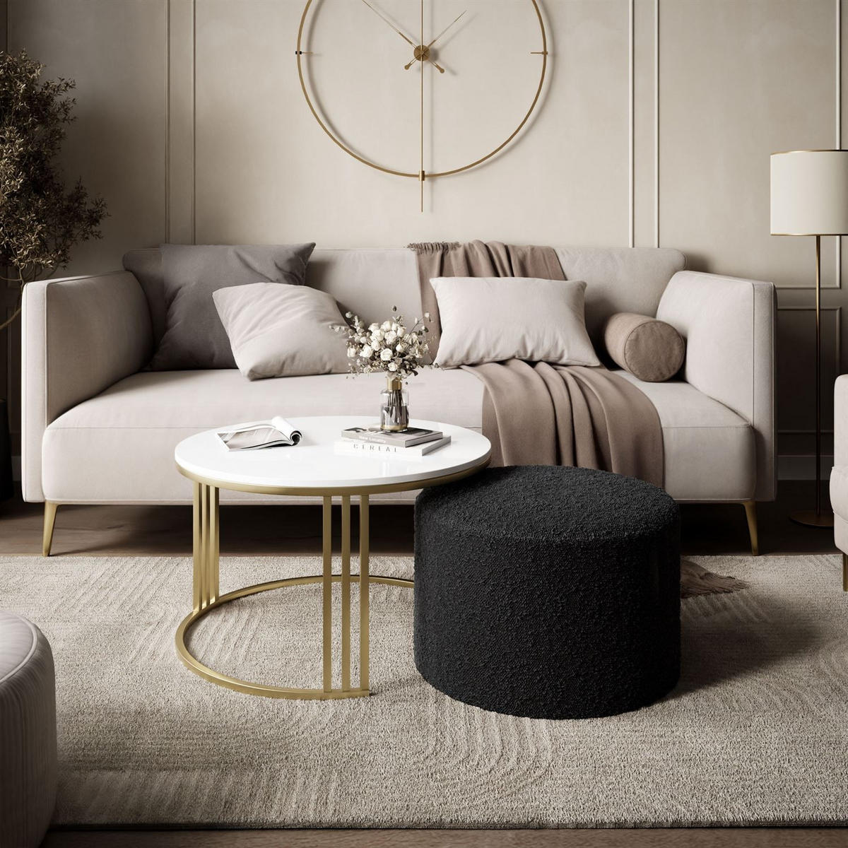 COUCHTISCH mit Hocker LORI Hochglanz gebürstetes Gold/weißer Glanz/Coral 60 - Weiß, Metall (70/70/49cm) - Lookway