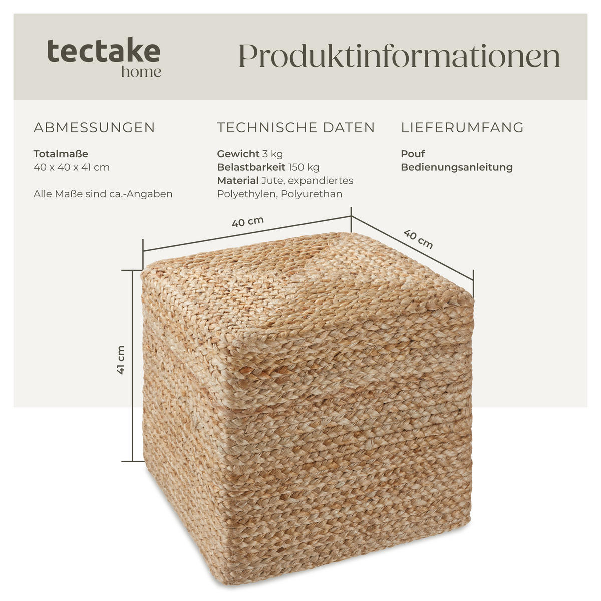 HANDGEFERTIGTER POUF Banno Cube,40 x 40 x 41 cm, Belastbarkeit 150 kg,beige - Beige, Textil (40/41/40cm) - tectake