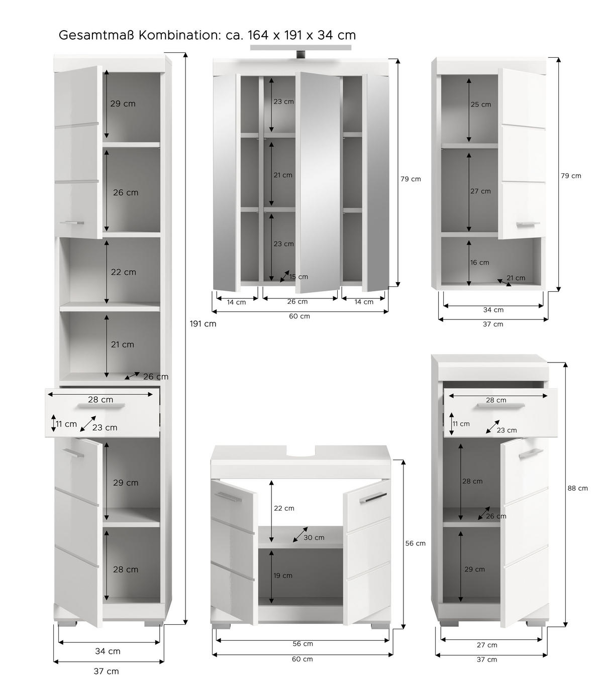 BADKOMBINATION 4tlg. Scout Bad in weiß Nachbildung und weiß hochglanz B/H/T: 164x191x34 cm - Weiß, Holz (164/191/34cm)