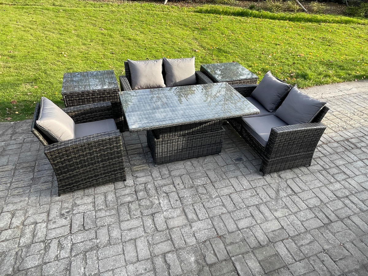 GARTENMÖBEL SET mit höhenverstellbarer Tisch Polyrattan Dunkelgrau 5-Sitzer - Dunkelgrau, Metall - Fimous