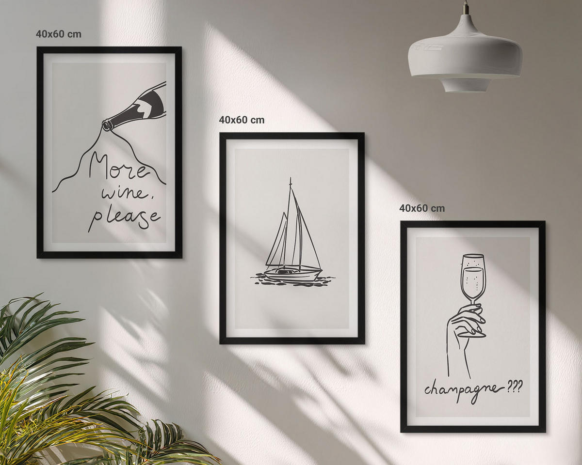 BILDER SET 3er Set - 40x60 cm Schwarzer Rahmen - Weinsegelboot-Glas-Linienzeichnung - Schwarz, Kunststoff (40/60cm) - TULUP