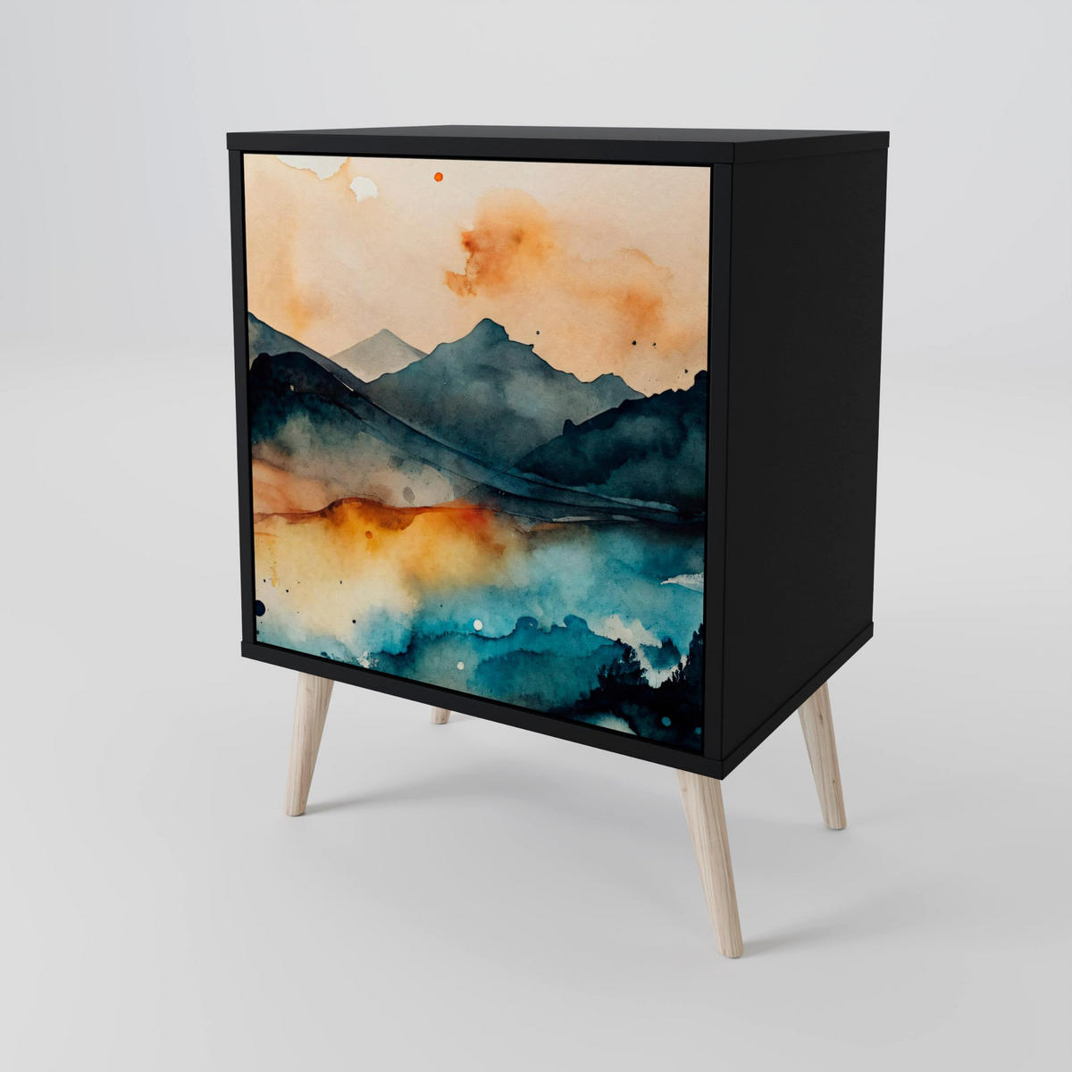 SIDEBOARD OMINOUS MOUNTAINS, Schwarz, 57,5x42x67,5 cm, Schwarze Metall-Rahmenfüße - Multicolor/Schwarz, Holzwerkstoff/Metall (57.5/67.5/42cm) - SpaceRebels