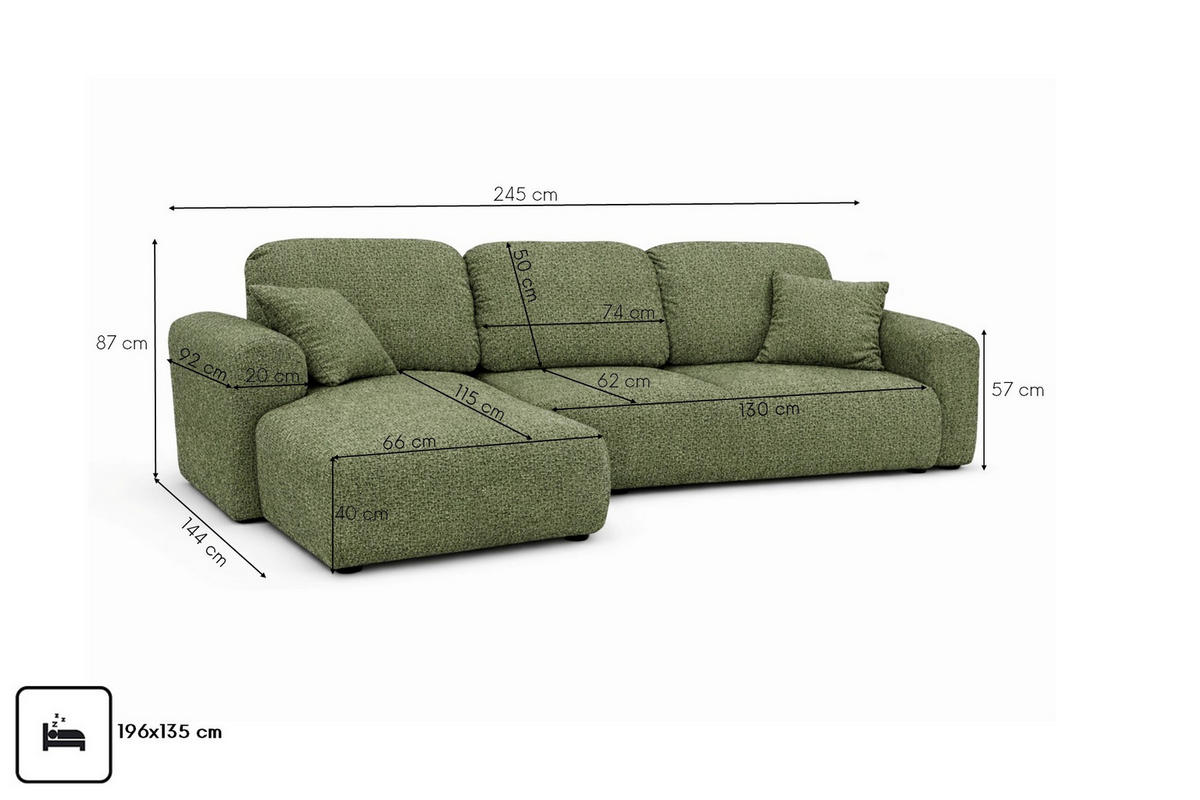 ECKSOFA Mit Schlaffunktion Und Bettkasten, Sofa L-Form Bingo L, Chenille-Stoff Artico, Moss, Links - Grün, Holz (245/144cm) - Kaiser Möbel