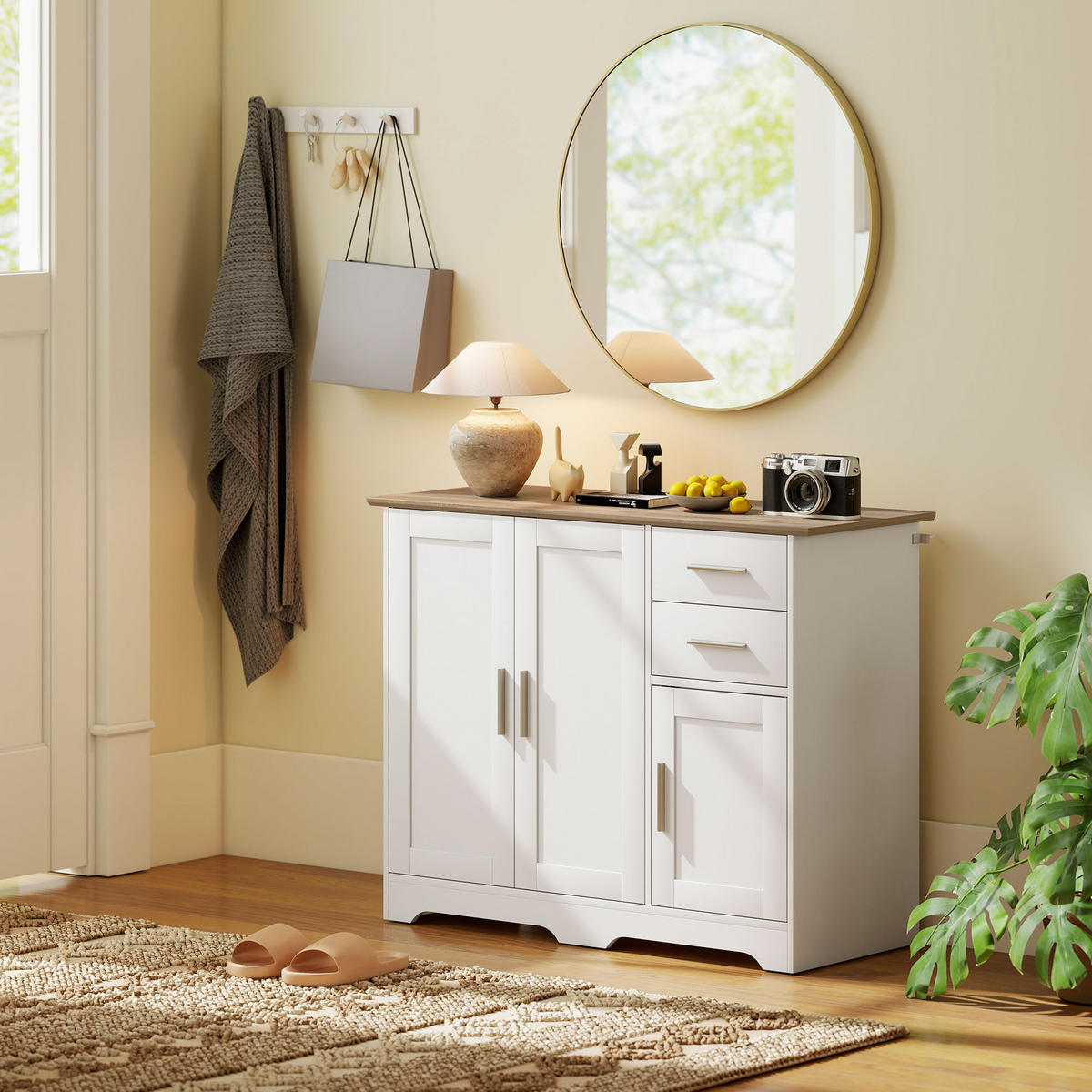 SIDEBOARD DE-11250 2 Schubladen, 3 Türen Weiß/Naturholz - Weiß, Holzwerkstoff (100/78/40cm) - ComfortXL