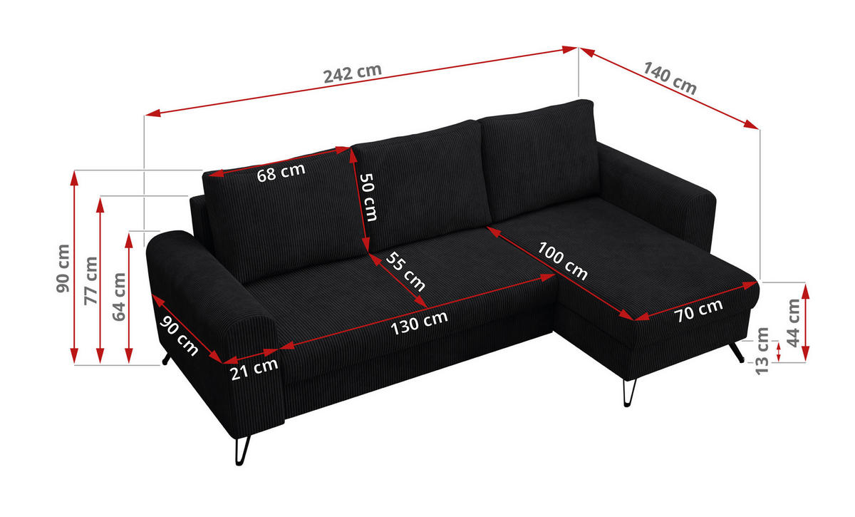 ECKSOFA Hugo Cord Schwarz - Schwarz, Textil/Metall (242/140cm) - MKS