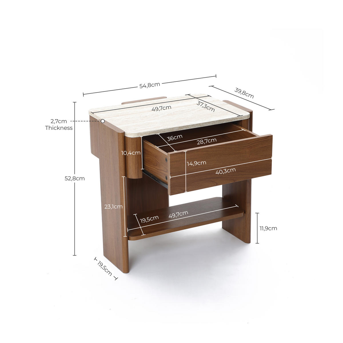 NACHTTISCH Modern mit Marmoroptik, Braun, MDF | B55 x T40 x H53 cm - Braun, Holz (55/53/40cm) - Hometopia