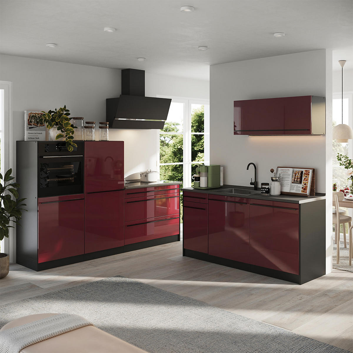 KÜCHENZEILE R-Line, Rot Hochglanz/Anthrazit, 220 cm ohne Arbeitsplatte - Anthrazit/Rot, Holzwerkstoff (220/143/46cm) - Vicco
