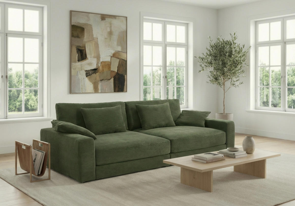 BIG-SOFA mit Federkern B290/T135/H90 cm extratief, Liegefläche 122x240 cm, Cord Grün / 15250 - Schwarz/Grün, Kunststoff/Textil (290/90/135cm) - luma-home