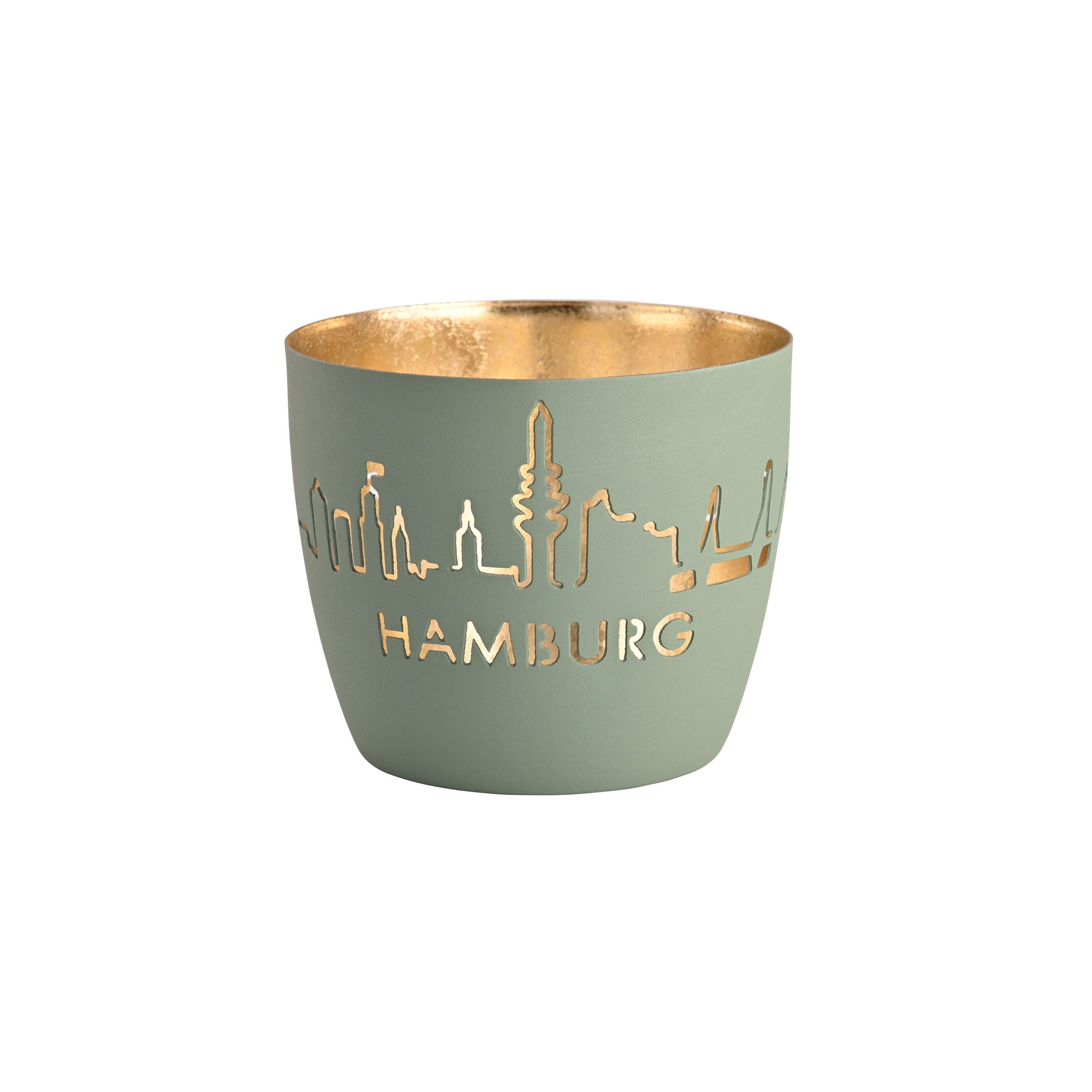 TEELICHTHALTER Madras Hamburg Skyline M, Eisen, Powder Blue / Gold, H 8.5 cm - Blau, Metall (10cm) - Gift Company