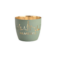 TEELICHTHALTER Madras Hamburg Skyline M, Eisen, Powder Blue / Gold, H 8.5 cm - Blau, Metall (10cm) - Gift Company