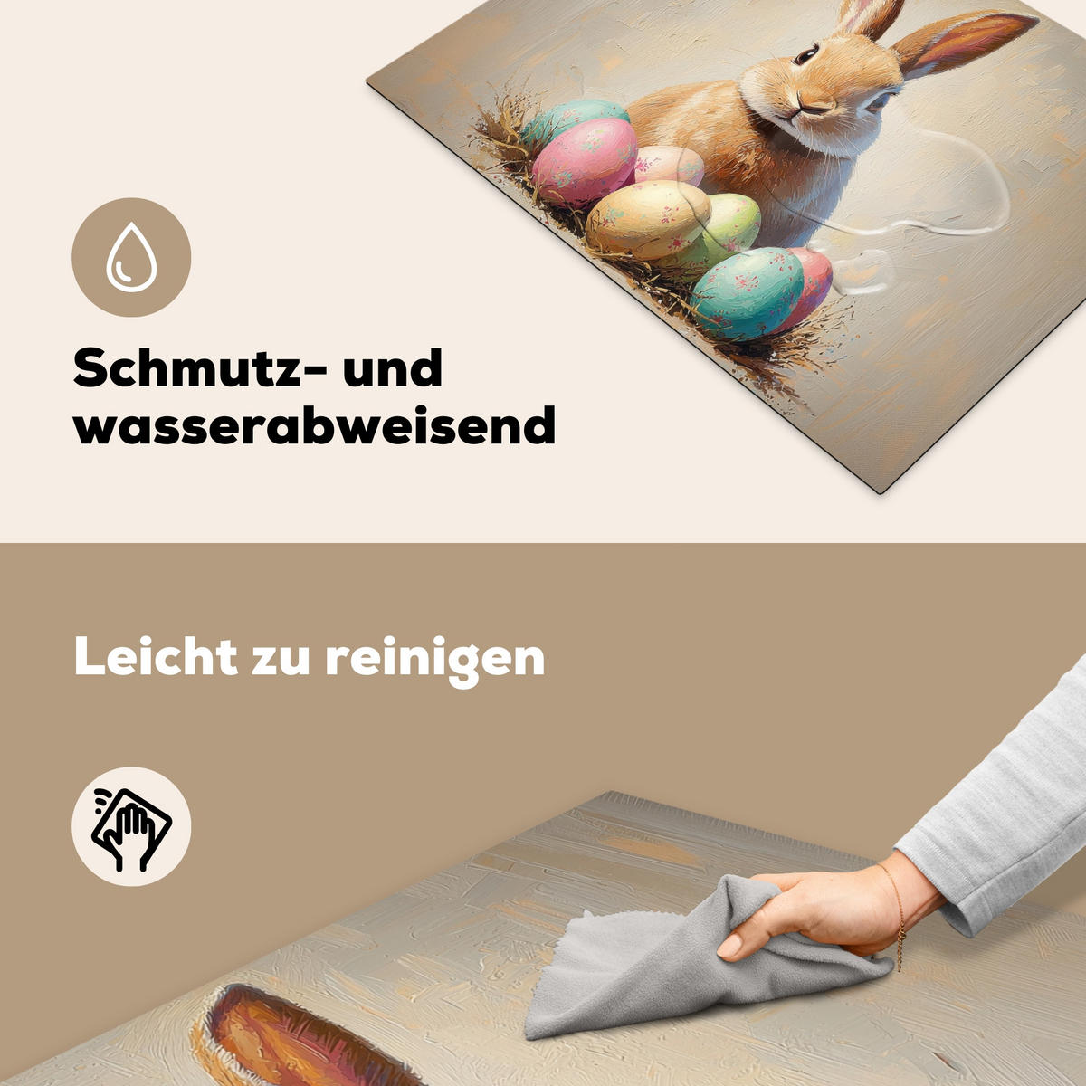HERDABDECKPLATTE Osterhase - Pastell - Eier Herdabdeckung Induktionsfeld 70x52 cm - Beige, Kunststoff (70/52/0.2cm) - MuchoWow