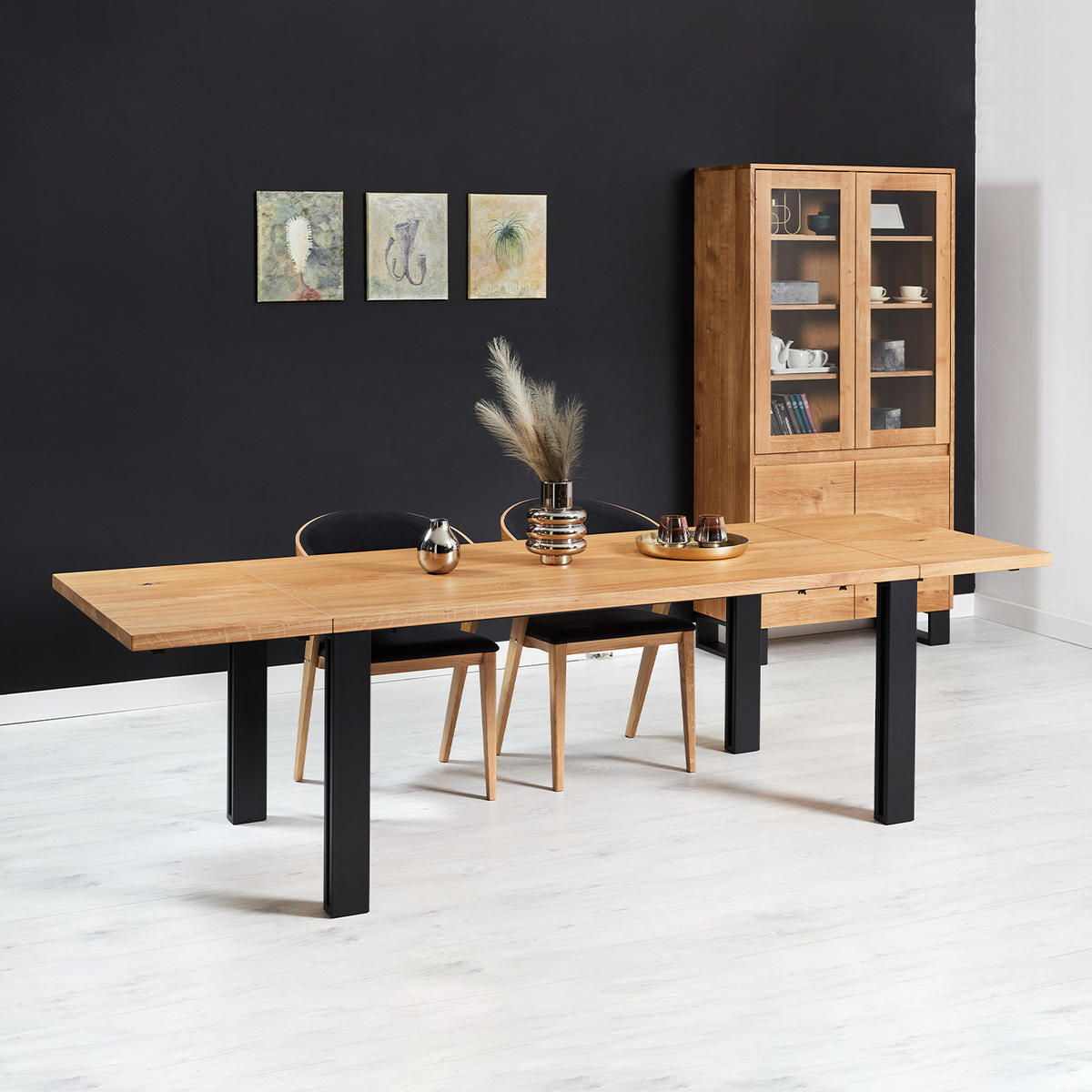 TISCH Ausziehbar Fold aus massivem Eichenholz 140x90 cm + Tischverlängerung 1x60 cm - Eichefarben/Schwarz, Holz/Metall (140/90/75cm) - Danzz