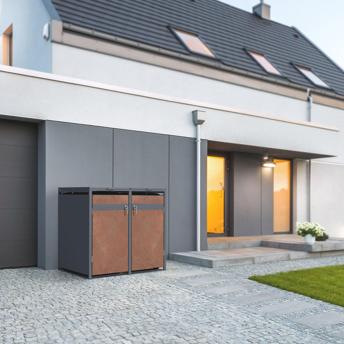 MÜLLTONNENBOX 2er Anthrazit-Rostoptik - Rotbraun, Metall (80/116.3/132cm) - ML-DESIGN