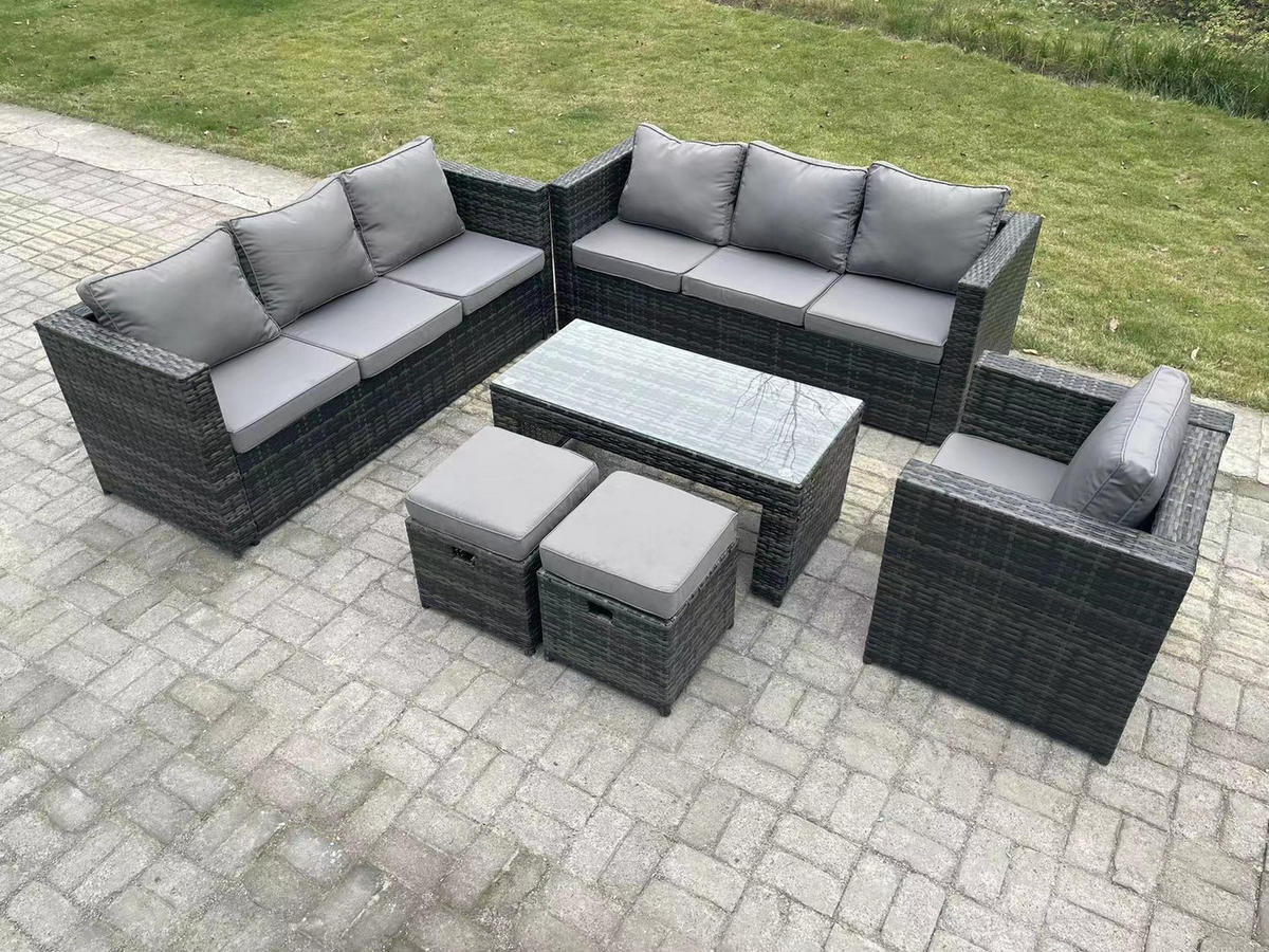 GARTENMÖBELSET mit Couchtisch Polyrattan 9-Sitzer - Dunkelgrau/Grau, Glas/Kunststoff - Fimous