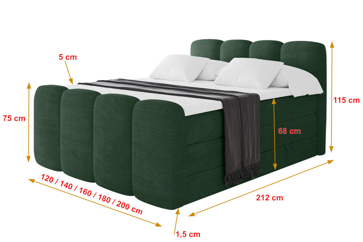 BOXSPRINGBETT mit Matratze H3/H4 - NINA-Z KING - 160x200 cm Grün - Waldgrün, Holzwerkstoff (160/200cm) - ALTDECOR