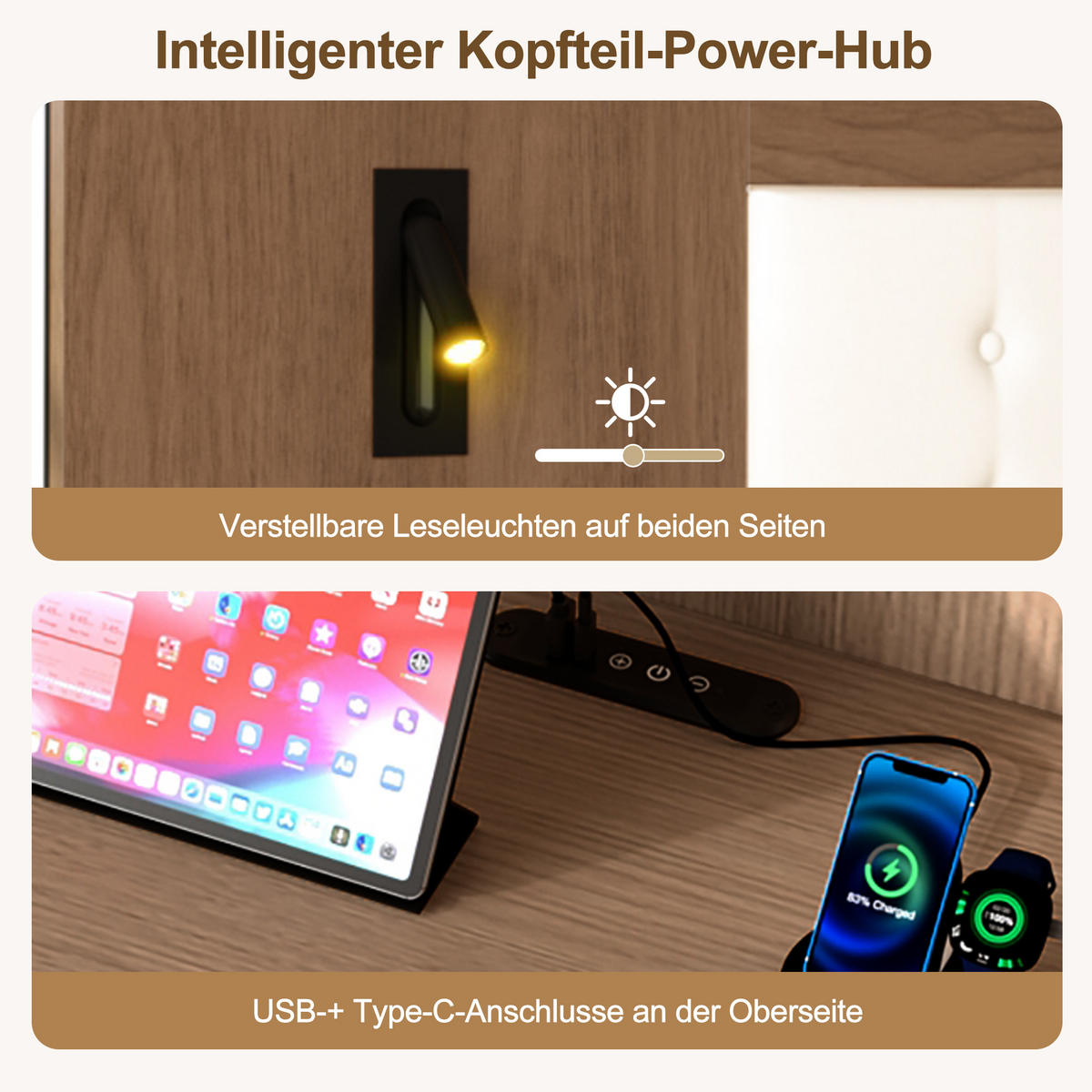 BETT 180/200 cm in Walnuss mit Ablagen, Leselampen und USB/Type-C MDF-Design - Walnussfarben, Holzwerkstoff/Metall (180/200cm) - STILVORA