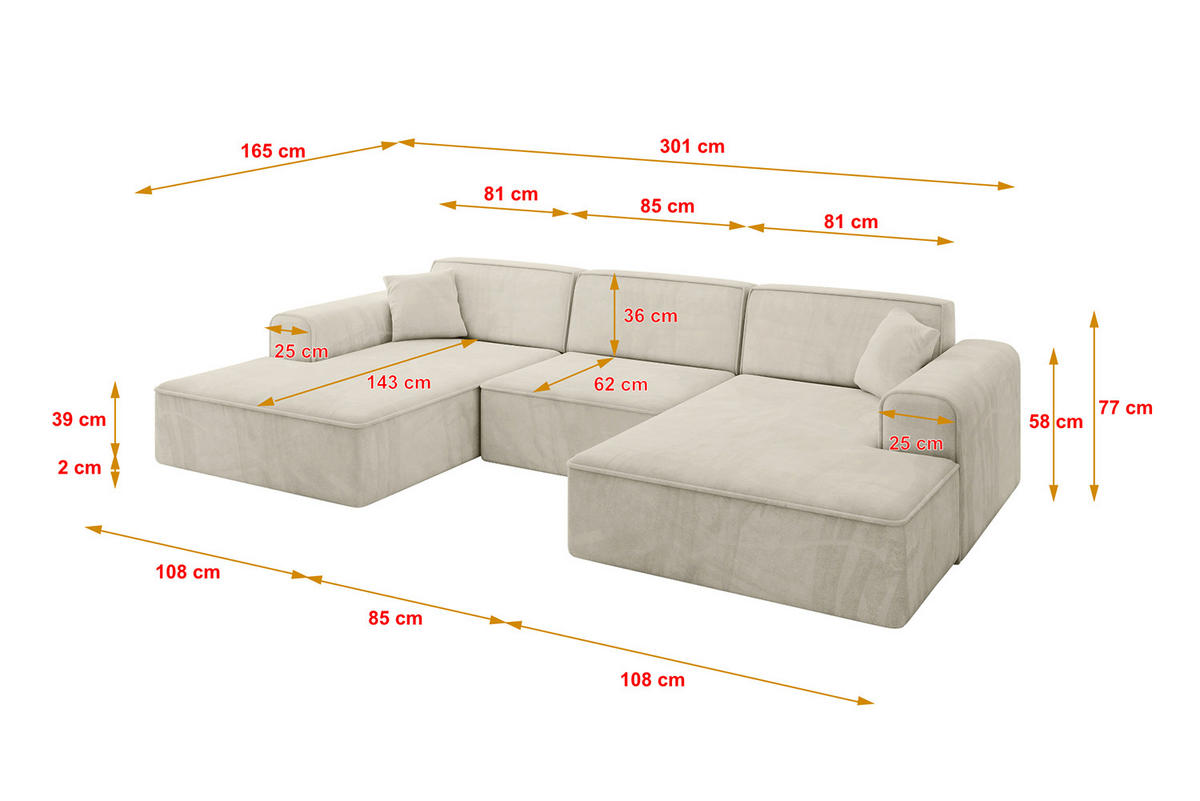 SEDACÍ SOUPRAVA ve tvaru U IREA-U1-v3 301x165x77 Béžová Velur - černá/ecru, kompozitní dřevo/textil (303/79/171cm) - ALTDECOR