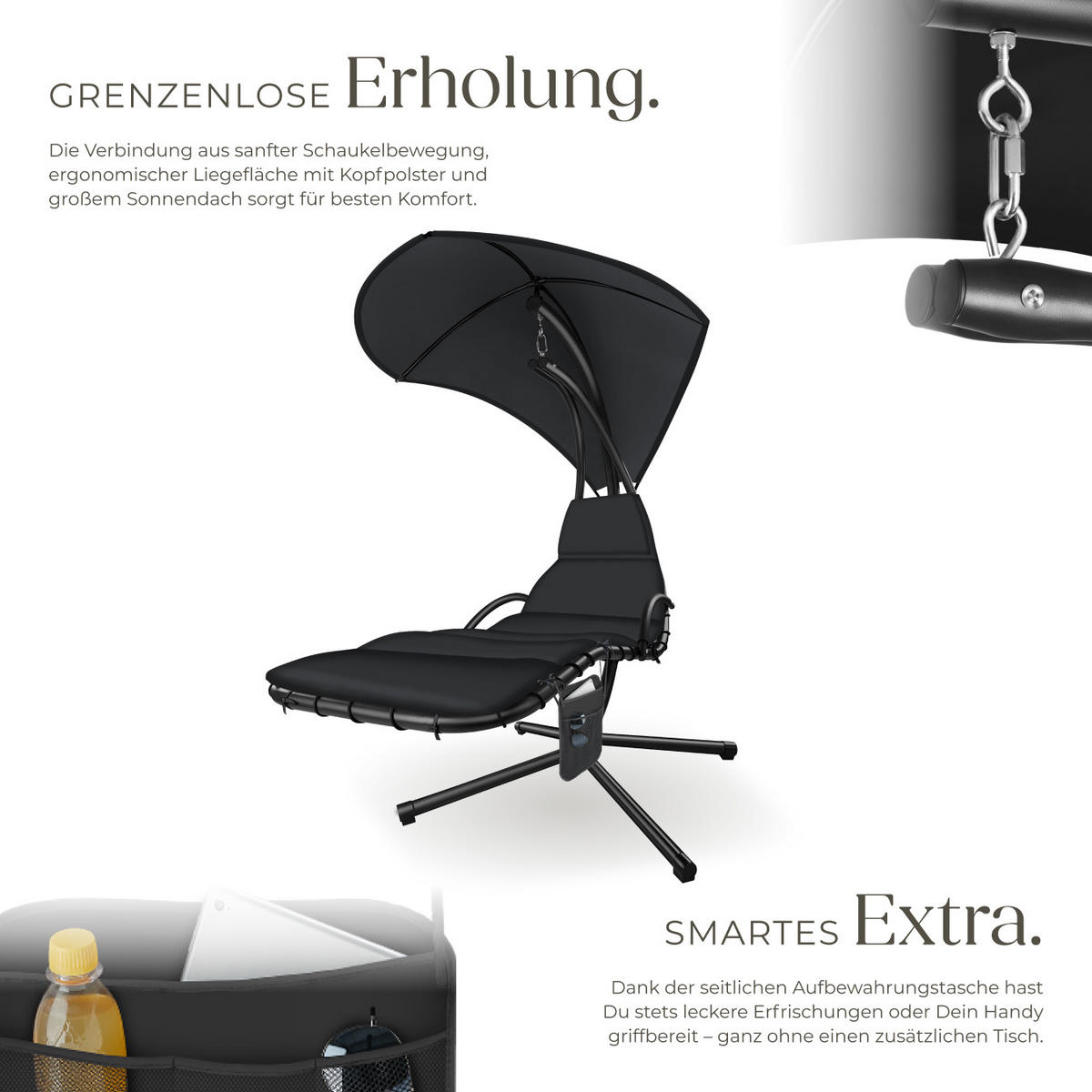 HÄNGELIEGE Elaria,195 x 132 x 197 cm, mit Seitentasche,schwarz - Schwarz, Textil (132/197/195cm) - tectake