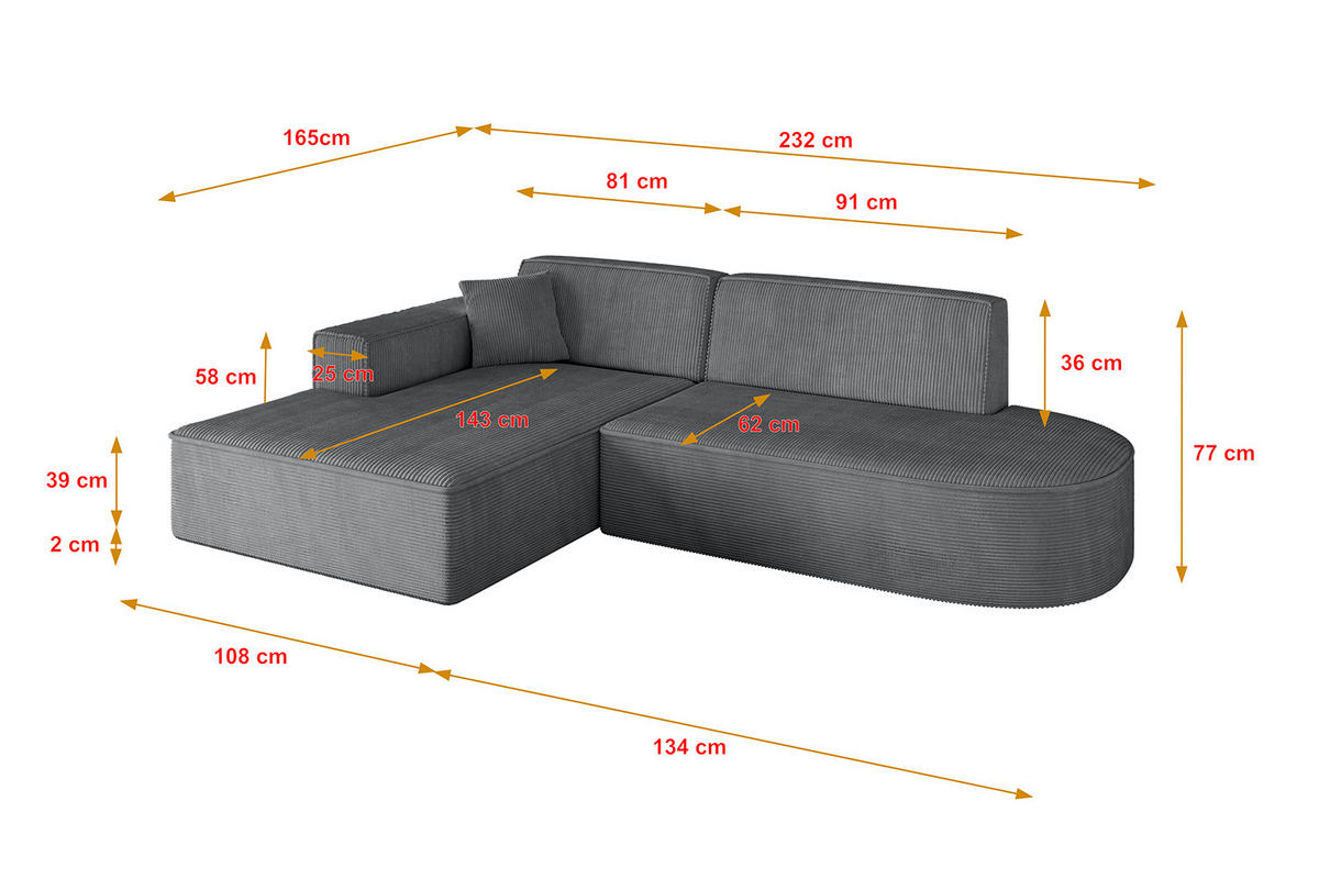 ECKSOFA Ottomane Links IREA-L1-v4 - 232x165x77 cm Duneklgrau - Dunkelgrau, Holzwerkstoff/Textil (232/165cm) - ALTDECOR