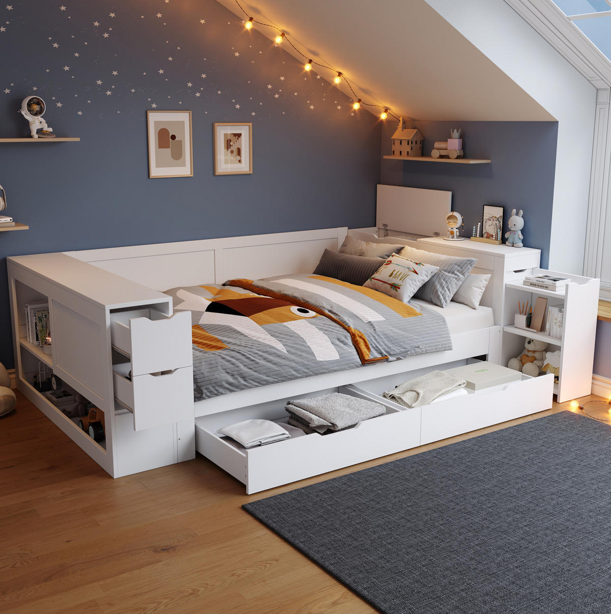 KINDERBETT 140/200 cm aus MDF mit Stauraum Nachttisch und Lattenrost Weiß - Weiß, Holzwerkstoff (140/200cm) - Modenvie