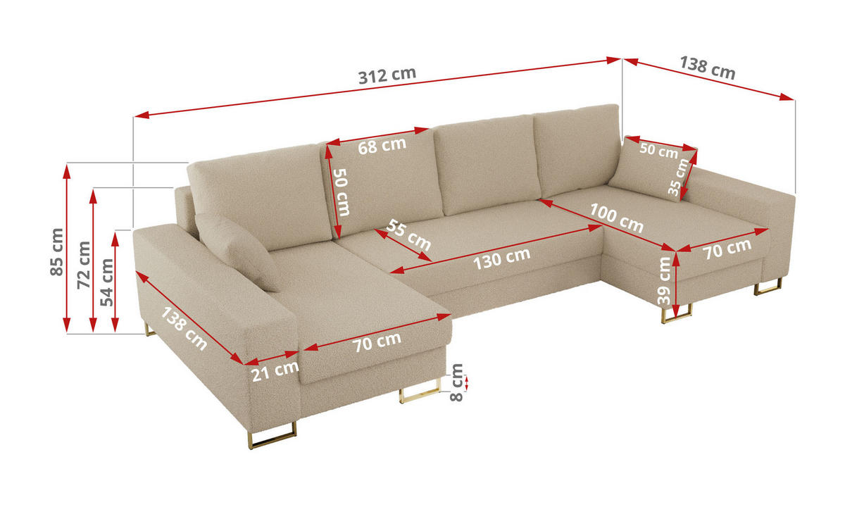 WOHNLANDSCHAFT DORIAN U Bouclé Beige - Beige/Goldfarben, Textil/Metall (312/85/138cm) - MKS