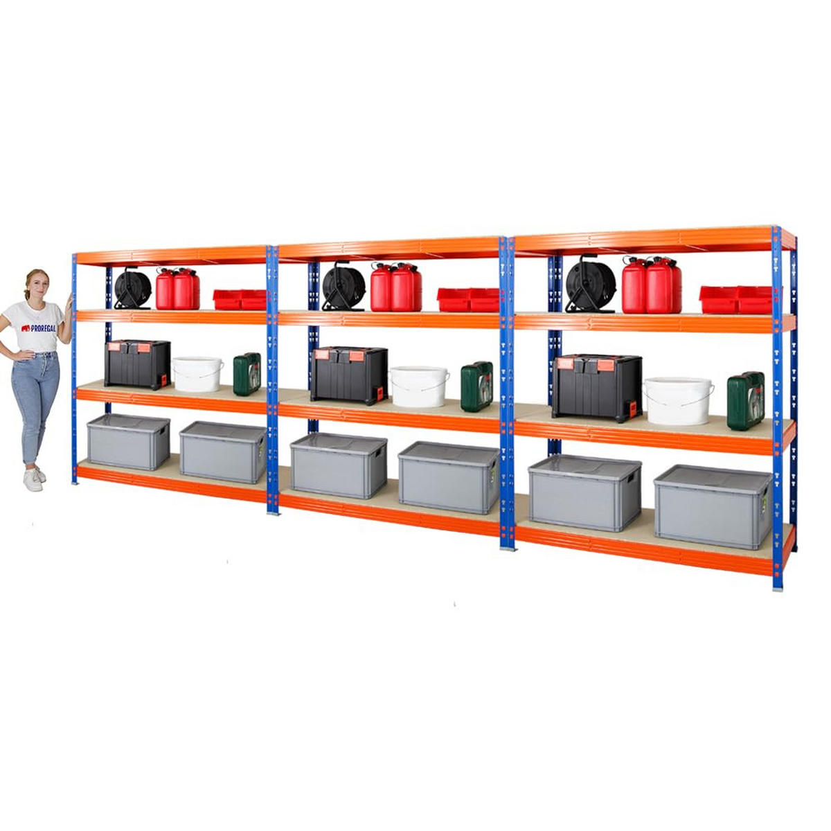 SCHWERLASTREGAL Rhino 3er-Set mit 3x 180x160x60 cm 4 Spanplatten-Ebenen 16mm Fachlast 500 kg Blau-Orange - Orange, Metall (480/180/60cm) - PROREGAL