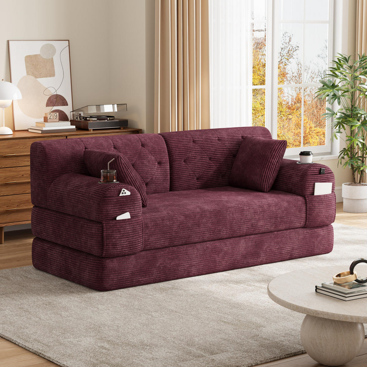 SOFA mit Schlaffunktion, hohe Rückenlehne, 168 x 80 x 81 cm, Cord, Wine Red - Rot, Kunststoff (80/81/168cm) - Meubliv