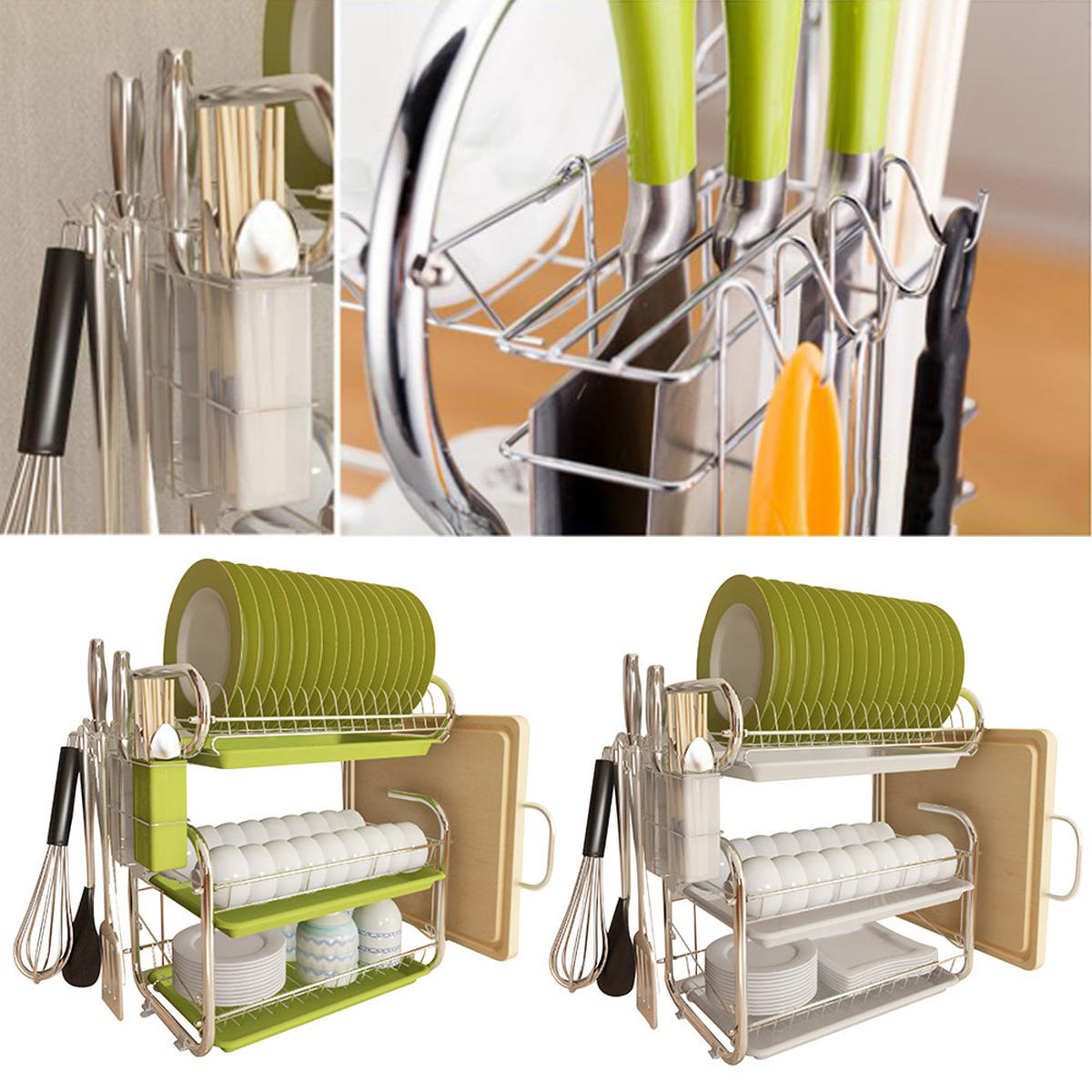 ABTROPFGESTELL Eisen grün dreistöckig Tellerständer 9-förmiger multifunktionaler Aufbewahrungsständer Schneidebrett 40/25/44 cm - Grün, Metall (40/44/25cm) - Livingandhome