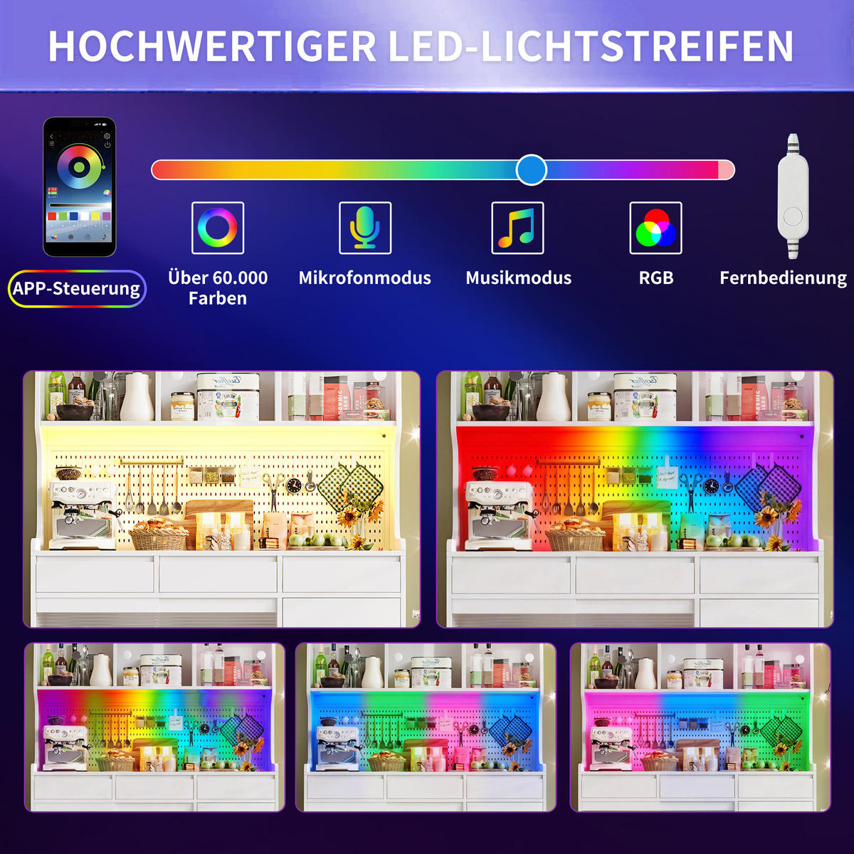 KUCHYŇSKÁ SKŘÍŇKA 171 cm se Smart LED, skleněnou přední částí a děrovanou stěnou - bílá, kompozitní dřevo (145/171/39cm) - Urban Meuble