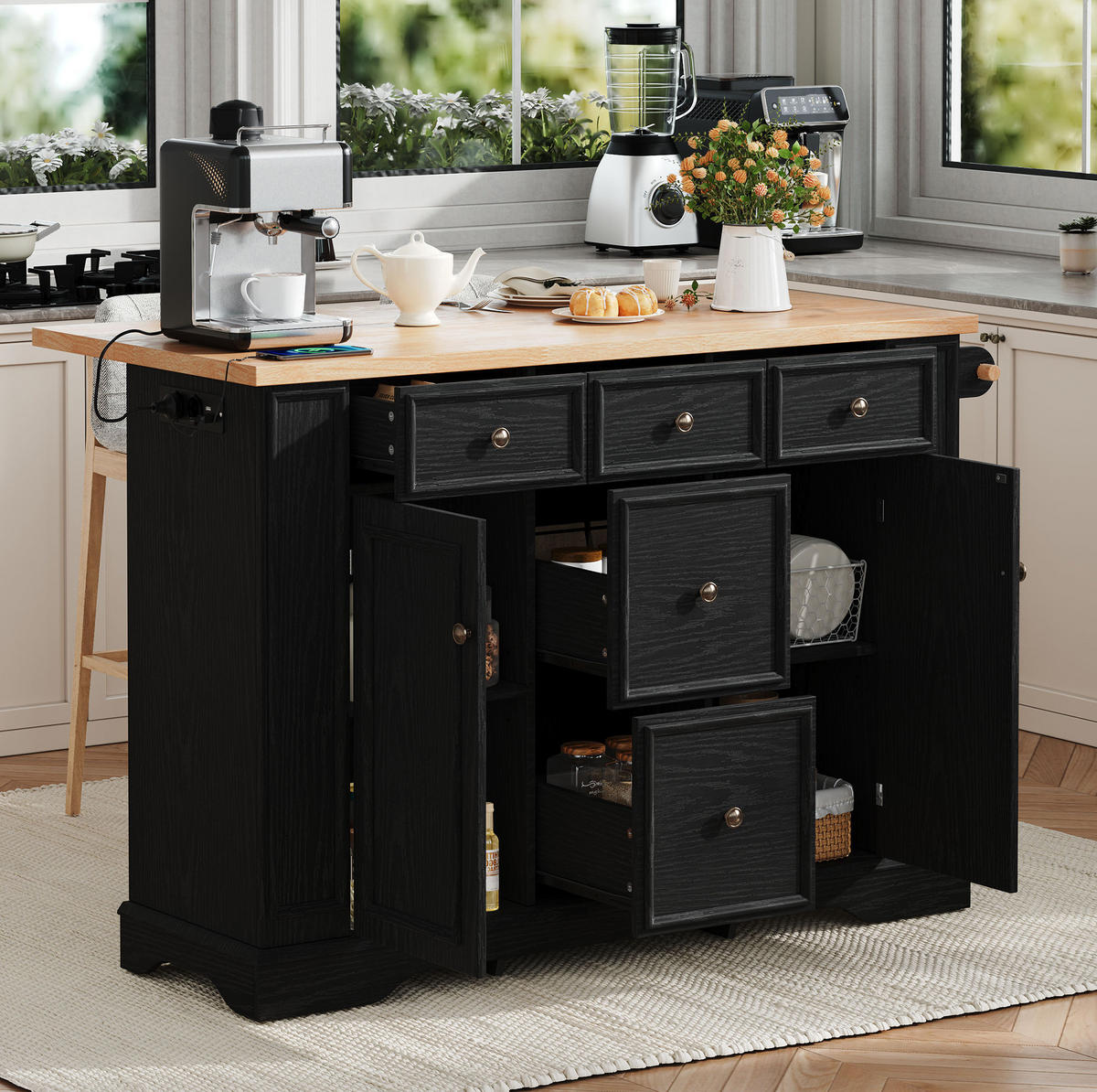 KUCHYŇSKÝ ostrůvek 130,5/40-65/92 cm s rozkládací pracovní deskou, úložným prostorem a nabíjecí stanicí, Černá - černá, kompozitní dřevo (130.5/92/65cm) - Redom