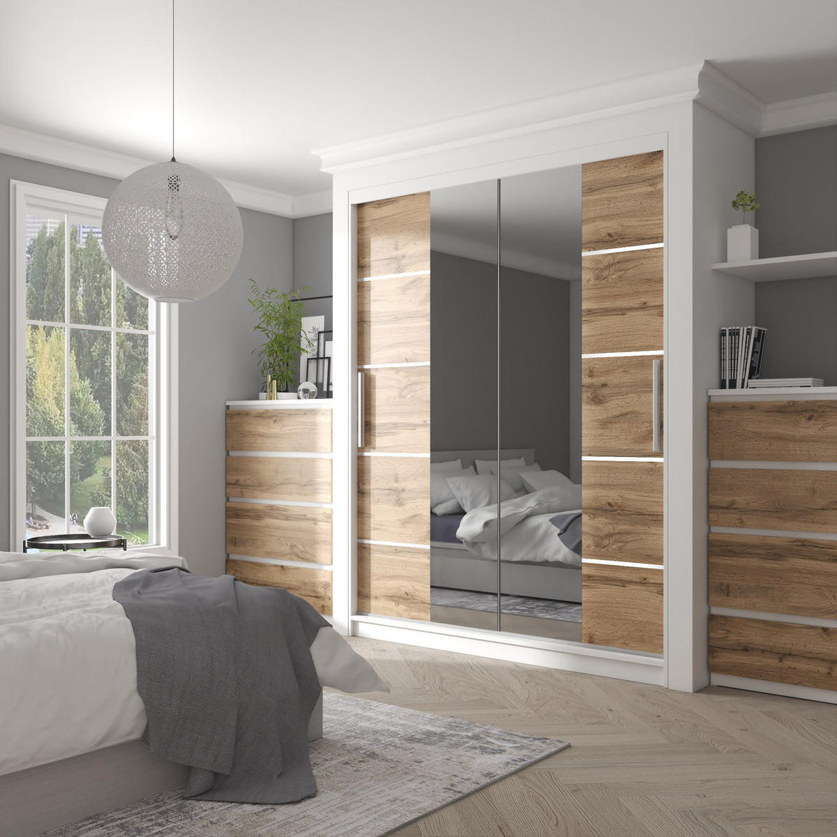 SCHWEBETÜRENSCHRANK Verona ME, Weiß/Goldbraun Matt, 158 cm, mit Spiegel - Braun, Holz (158/216/60cm) - B BELINI GROUP