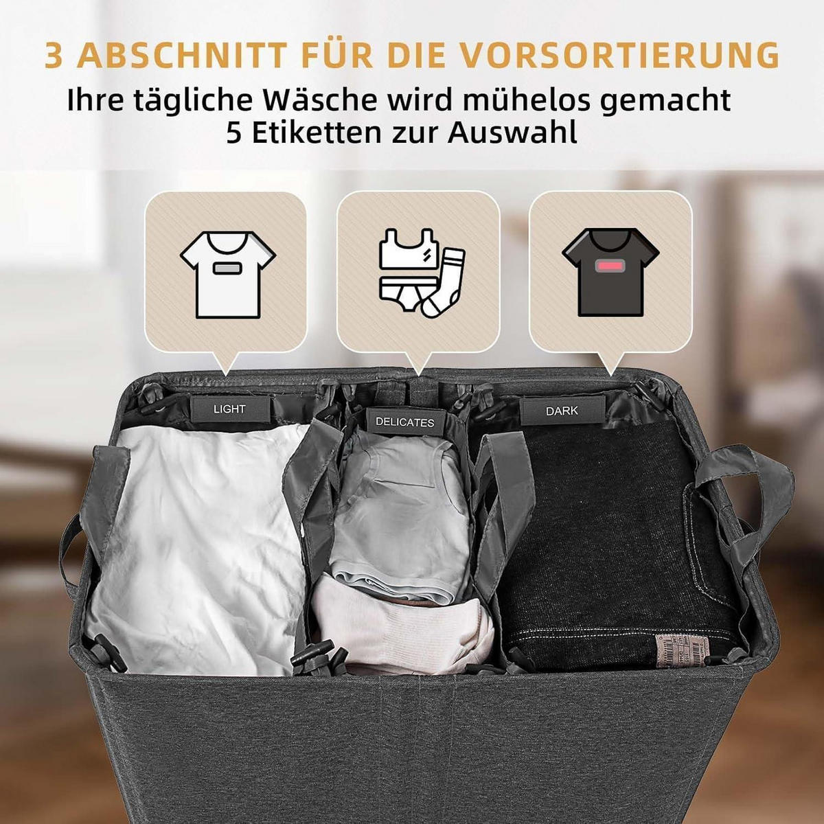 WÄSCHEKORB 3 Fächer Dunkelgrau 160L - Anthrazit, Textil (39/69/59cm)