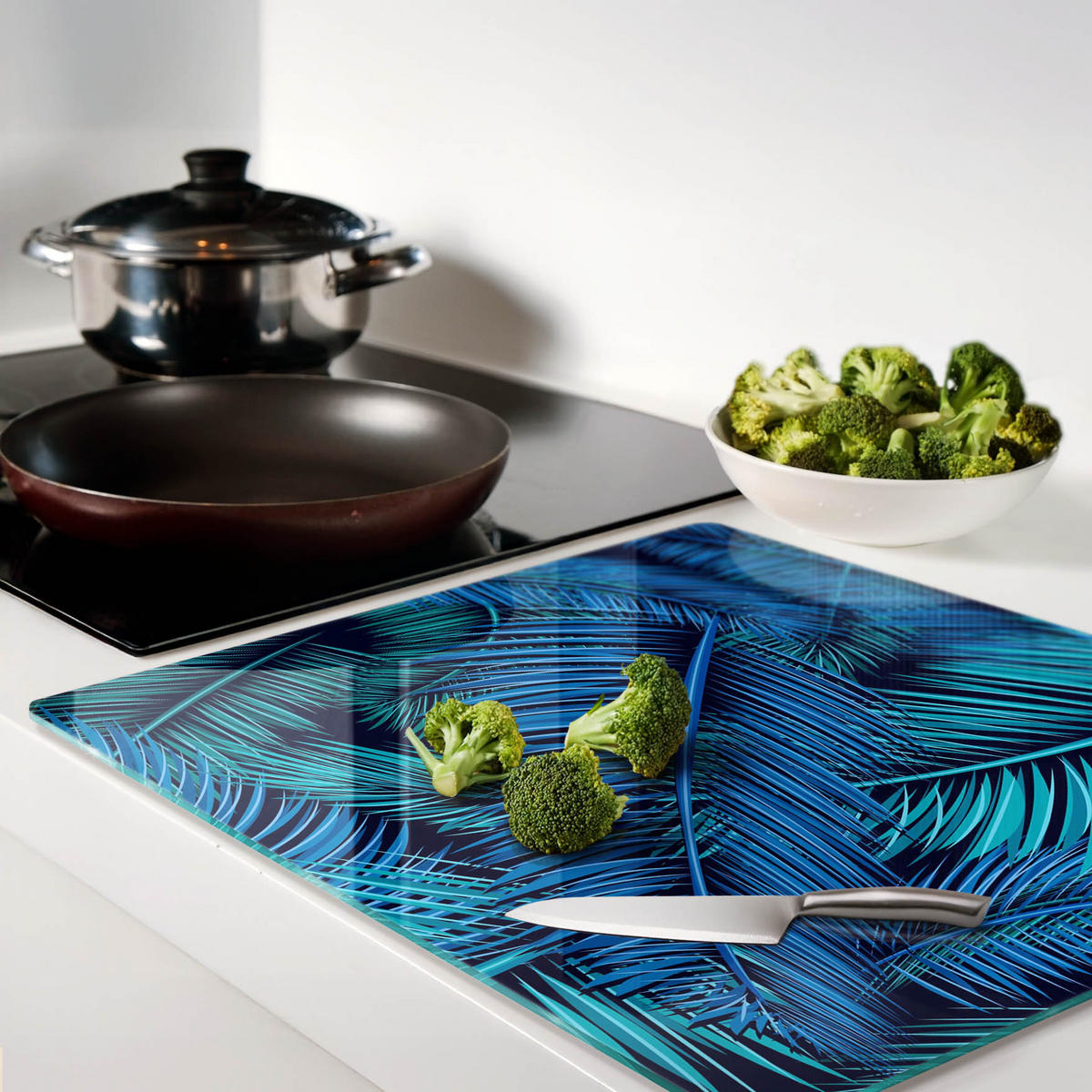 GLASPLATTE 60x52 cm Palmblätter - Blau, Glas (60/0.4/52cm) - TULUP