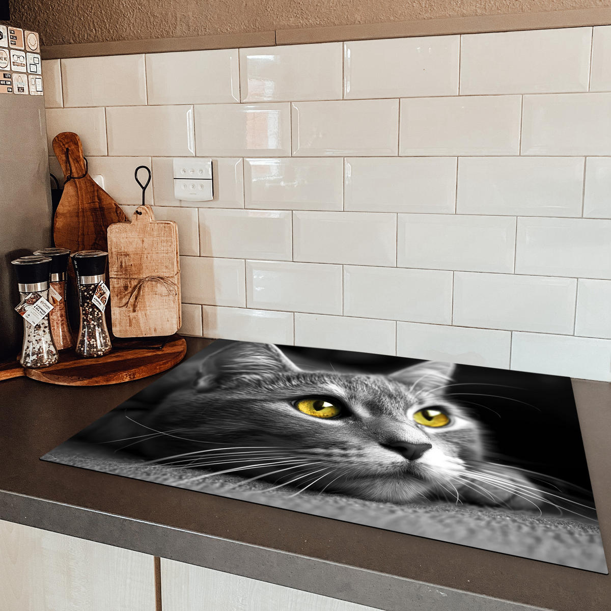 HERDABDECKPLATTE Katze - Grau - Tiere - Katze 75x52 cm - Grau, Kunststoff (75/52/0.2cm) - MuchoWow