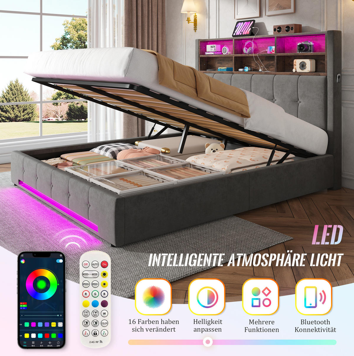 ČALOUNĚNÁ postel 160/200 cm s LED osvětlením, USB-C a hydraulickým úložným prostorem, tmavě šedá - tmavě šedá, kov (160/200cm) - Redom