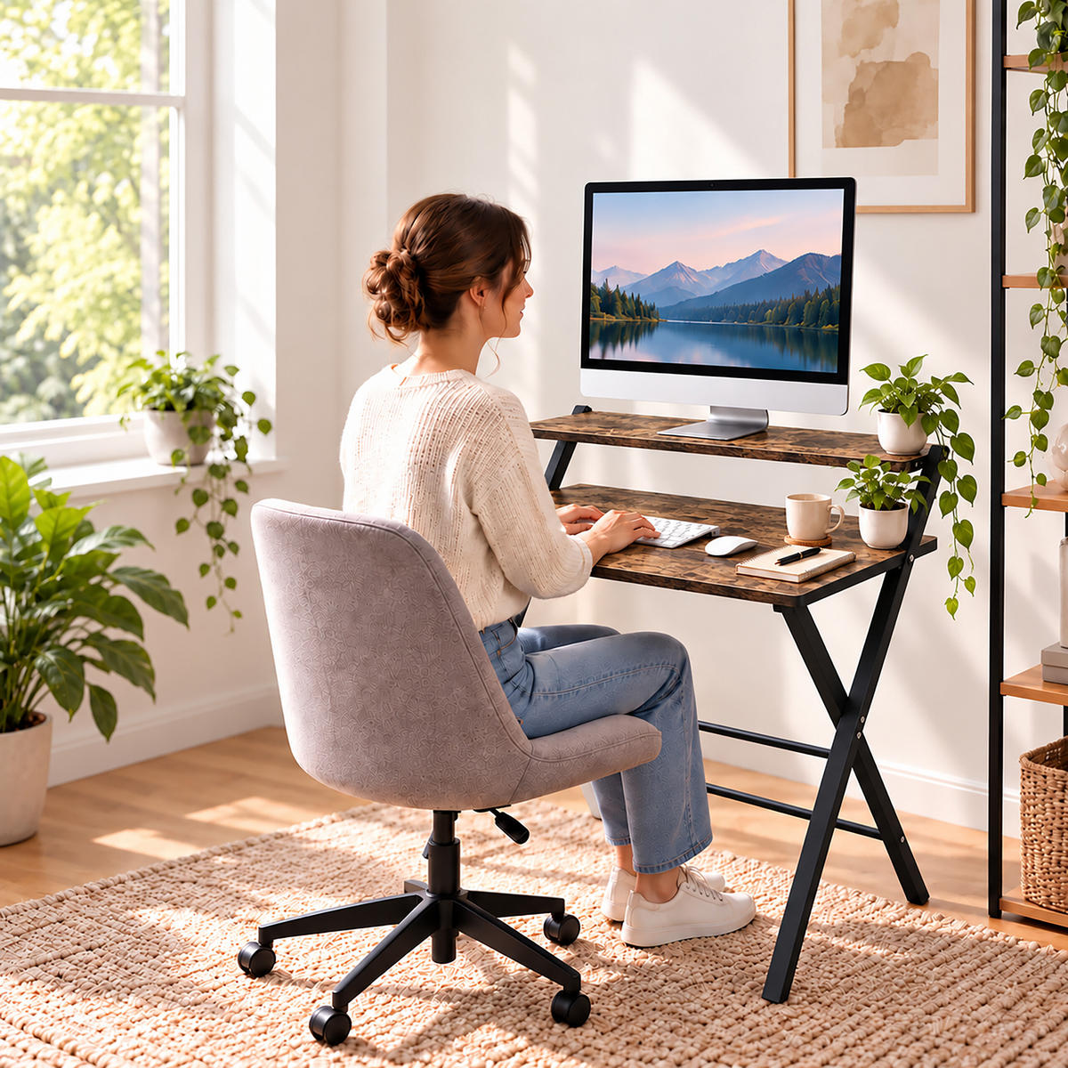 SKRIVBORD Brun Svart fällbart med monitorhylla MDF metall - Multicolor, Träbaserade material/Metall (56/70/82cm) - Relaxdays